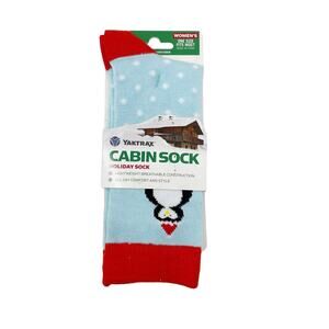 Yaktrax Womens OS Cabin Sock Holiday Penguin Blue Red Snowflakes